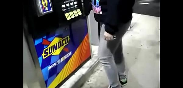 desperate girl wetting pee jeans while pumping gas
